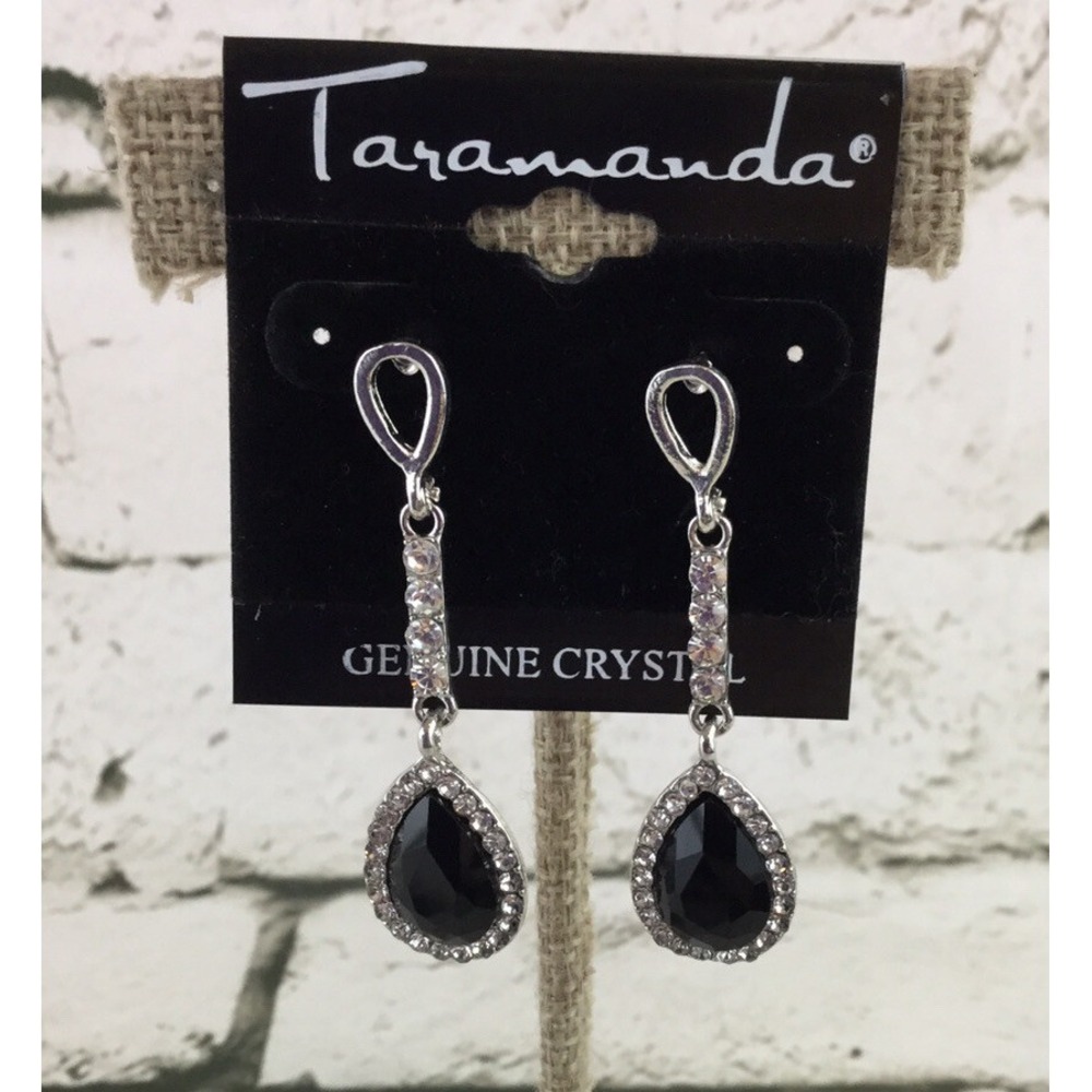 Taramanda Genuine‎ Crystal Earrings Drop Dangle Black Silver Toned